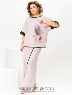 Модель: 2-2795. Пудровый брючный комплект с принтом "цветок"