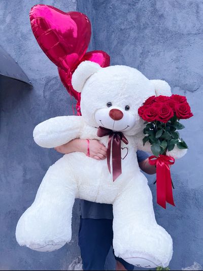 Подарочный набор №16 - Плюшевый мишка 160 см, Шары сердца 2, букет красных роз Эквадор