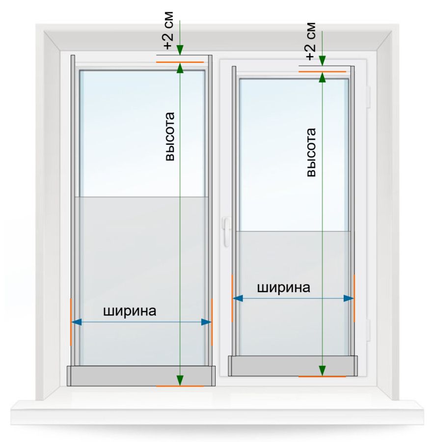 Замер рулонных штор UNI-2 с ПИМ (снизу-вверх), схема 1