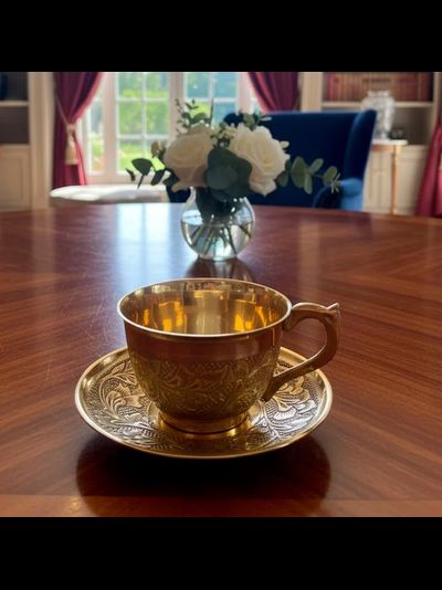 Латунная чашка с блюдцем ( чайная (кофейная) пара) “Золотой Лотос”.