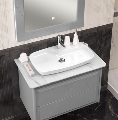 Тумба с раковиной Opadiris Луиджи 90 серый матовый, со столешницей и накладной раковиной "NOVA"