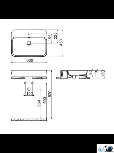 Раковина Creavit Loop LP061-00CB00E-0000 LP061, глянец белого цвета, прямоугольная 60 см с площадкой