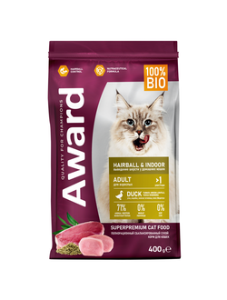 AWARD (Авард) Hairball & Indoor, сухой корм для кошек для выведения шерсти, Утка, Курица 400 г