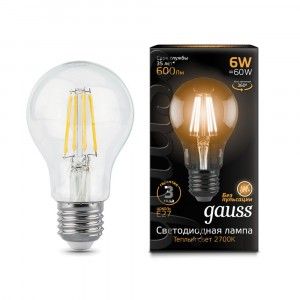 Gauss Filament ЛОН A60 E27 6W(600lm) 2700K 2K 105x60 филамент (нитевидная), прозр. 102802106