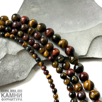 Тигрово-соколиный-бычий глаз, качество 3А, шары 6,1-6,5/8-8,4/10,2-10,6/12,2-12,7 мм,  цена за нить 19 см