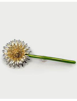 (АРТИКУЛ: 7706/62) БРОШКА ЖЕНСКАЯ "ЦВЕТОК", НЕБОЛЬШАЯ, В ЗОЛОТИСТО-СЕРЕБРЯНЫХ ТОНАХ С ЗЕЛЕНЫМ СТЕБЛЕМ