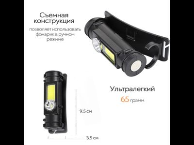 Фонарь налобный аккумуляторный светодиодный YT-1775 (XPE+COB-светодиоды, магнит, разборный механизм, зарядка USB)