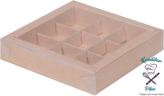 Коробка на 9 конфет с пластиковой крышкой 155*155*30 мм, крафт