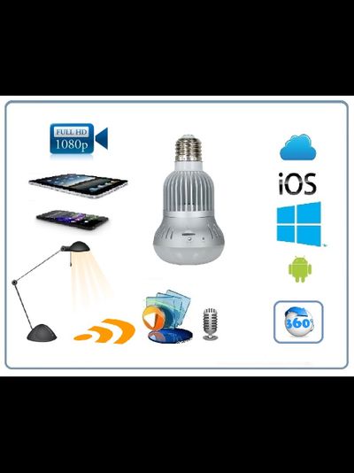 Панорамная WiFi видеоняня/видеокамера (лампа накаливания, цоколь Е27) с DVR с включением освещения, Full HD