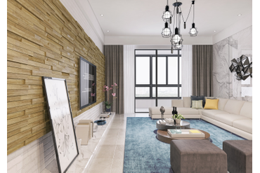 Стеновая панель из массива дуба "Колотые из массива дуба" (артикул 1017-ST) в интерьере гостиной