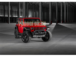 Бампер силовой передний короткий с лайтбаром AL (черный)  (без номерной рамки) для Jeep Wrangler JK, JL, все комплектации (2007-2018, 2017-...)