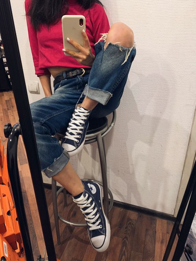 Кеды Converse All Star синие высокие M9622 фото на девушке