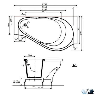 Ванна Эстет Грация 170 x 94 см, каменная правая, угловая, асимметричная