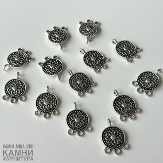 Коннектор на три нити "Цветок мандала" 14,5*21,5 мм, цвет античное серебро, цена за штуку
