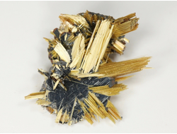 Редкость! Рутил свободного роста, сростки "звезды" золотистых игольчатых кристаллов на кристаллах гематита, Бразилия (20*18*7 мм, 2 г) №37911