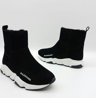 Кроссовки Balenciaga speedtrainer черно-белые зимние с мехом (36-40)