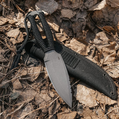 нож Лис 7 сталь AUS6, рукоять шнур, цвет черный. Ножны ABS с подвесом Molle.