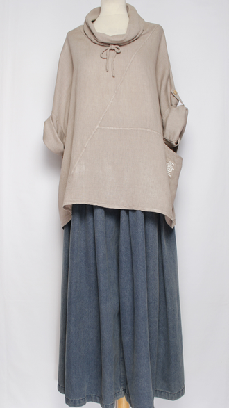 БЛУЗА ЛЁН КИМОНО "ХОМУТ КУЛИСКА" св.бежевая, белая, бежевая  до.56