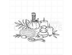 Штамп с картинкой Соль для ванны, полотенце, ароматические свечи и камни для массажа