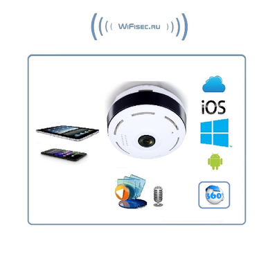 Потолочная/настенная WiFi видеокамера панорамная с DVR (fish_ufo_W), 960P HD (360EyeS)