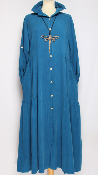 Платье-рубашка Бохо "Вельвет карманы ярусы" изумруд, бирюза до р.52