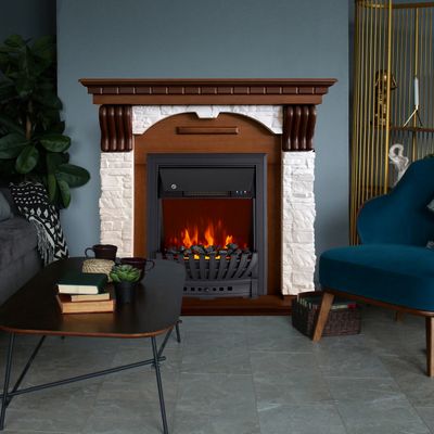 Электрокамин Дублин LO камень белый с очагом Aspen Black