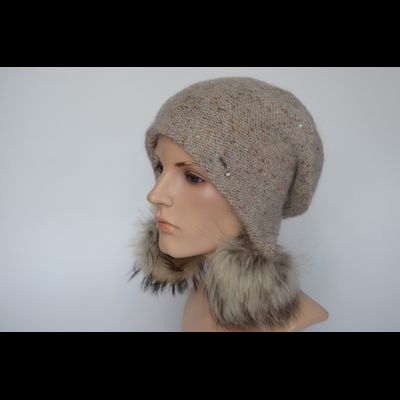 Шапка ушанка 1010 PP 66 с помпонами бежевая