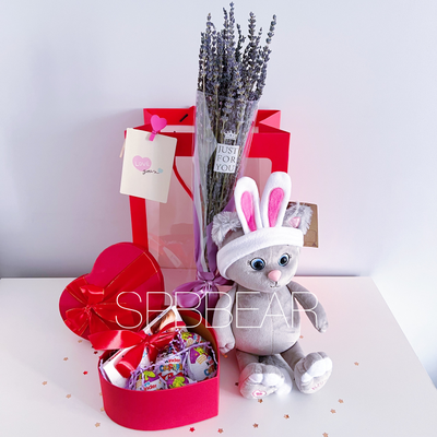 Подарочный набор №17 - Плюшевый котик на выбор, Лаванда, Киндер бокс средний