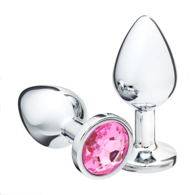 Анальная пробка серебряная, кристалл розовый, D = 34 мм