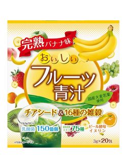 Yuwa "Аодзиру со злаками" Напиток из порошка молодых листьев ячменя, семян чиа + экстракты 75 видов растительных ферментов + 16 злаков, вкус спелых бананов, 20 шт. по 3 гр.