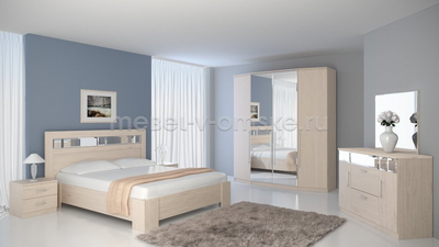 Комод "Роксана" с зеркалом в интерьере светлой спальни в цвете Ясень Шимо Светлый