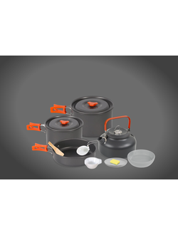 Набор туристической посуды #TZ-501 комплект: кастрюли, скоровода, чайник, тарелки, блюдце, шумовка, лопатка, губка для мыться посуды (материал: анодированный алюминий, полипропилен)