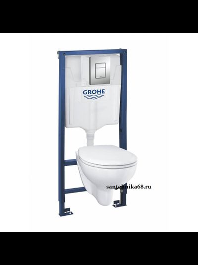 Инсталляция в сборе Grohe Solido 5 в 1 39586000: инсталляция + подвесной унитаз Bau Ceramic + сиденье с микролифтом, панель смыва Skate Cosmopolitan