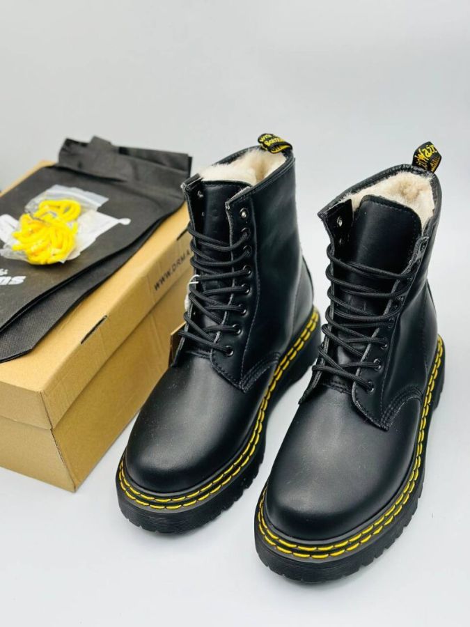 Ботинки Dr Martens 1460 Black Smooth Double Stitch Leather Fur Boots с мехом