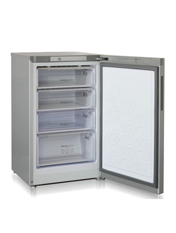 Вертикальная морозильная камера, цвет серебристый, четыре выдвижных ящика.