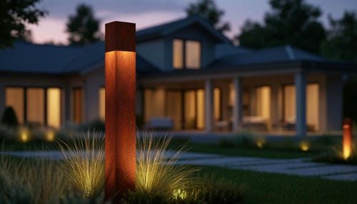 Декоративная опора уличного освещения из кортеновской стали на фоне современного загородного дома