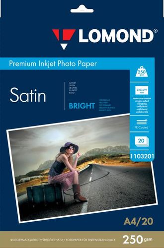 Атласная ярко-белая (Satin Bright) микропористая фотобумага Lomond для струйной печати, A4, 250 г/м2, 20 листов.