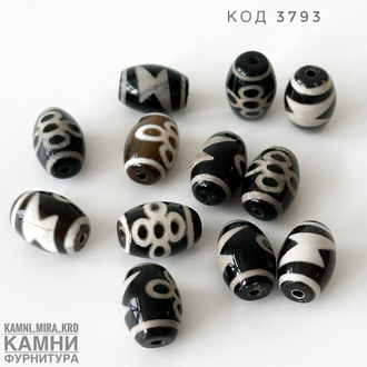 Бусина дзи на основе халцедона малый бочонок 13,5-13,8х10 мм, вид в ассортименте, цена за штуку