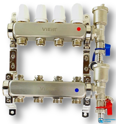 Коллекторный блок нерж в сборе с вентилями без кранов  6 выходов