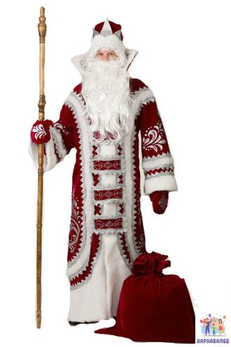 Костюм Дед Мороз Купеческий бордо 54-56 размер (Комплект включает в себя длинную шубу, варежки, шапку, мешок, парик и бороду. )