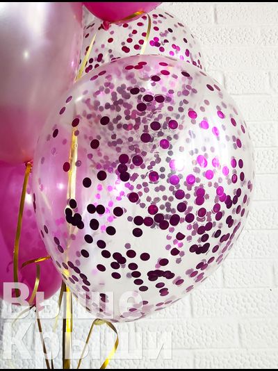 Прозрачный 30см с конфетти (малиновые круги)