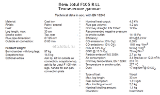 Технические характеристики печи Jotul F105 R LL WHE, мощность, вес, эффективность