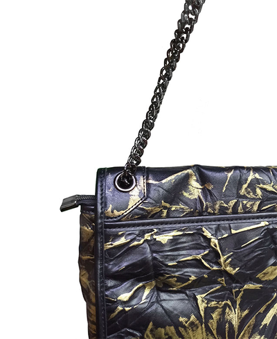 (АРТИКУЛ: 9682) СУМКА ЖЕНСКАЯ, НЕБОЛЬШАЯ, НАТУРАЛЬНАЯ "МЯТАЯ" КОЖА, ЧЕРНАЯ С ЗОЛОТЫМ РИСУНКОМ ,  С ЦЕПОЧКОЙ ЧЕРЕЗ ПЛЕЧО