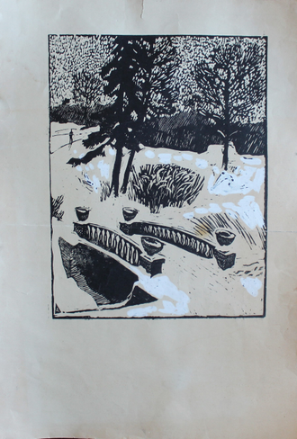 "Лыжники" линогравюра, белила Агапов Г.(Ю.) К. 1965 год