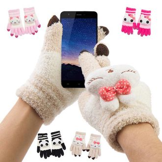 Зимние теплые вязанные перчатки с мультяшными животными для смарт-сотовых телефонов