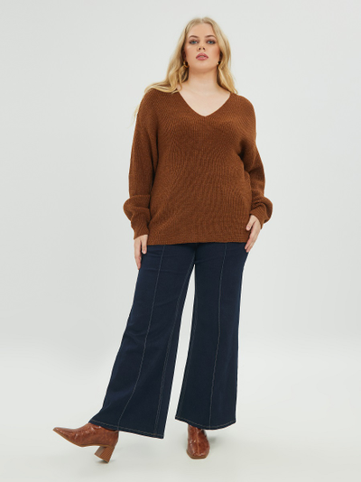 Джемпер вязанный с V-образным вырезом (карамель)