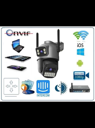 DE-WiFicam-02-4grey уличная моторизированная WiFi (2,4 и 5 Ггц)/LAN охранная видеокамера с 2 объективами, интерком, ночная подсветка ИК + свет, с DVR. 4+4 Mp. (O-Kam Pro)