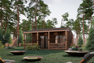 Одноэтажный каркасный дом с двумя спальнями и террасой (SK92)