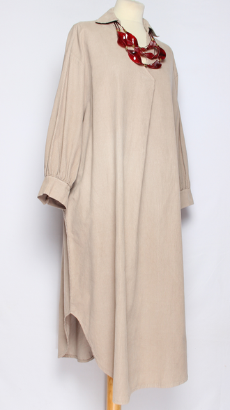 Платье-рубашка "Вельвет пышный рукав "  горчица, бежевое до р.54