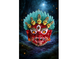 Сильный талисман - амулет-оберег "Маска Махакал" из металла, красный.